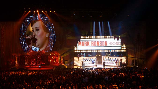 Brit Awards 2008. Earls Court, London. Production Design: Nicoline Refsing, Rockart Design. Mark Ronson. Adele. Amy Winehouse.